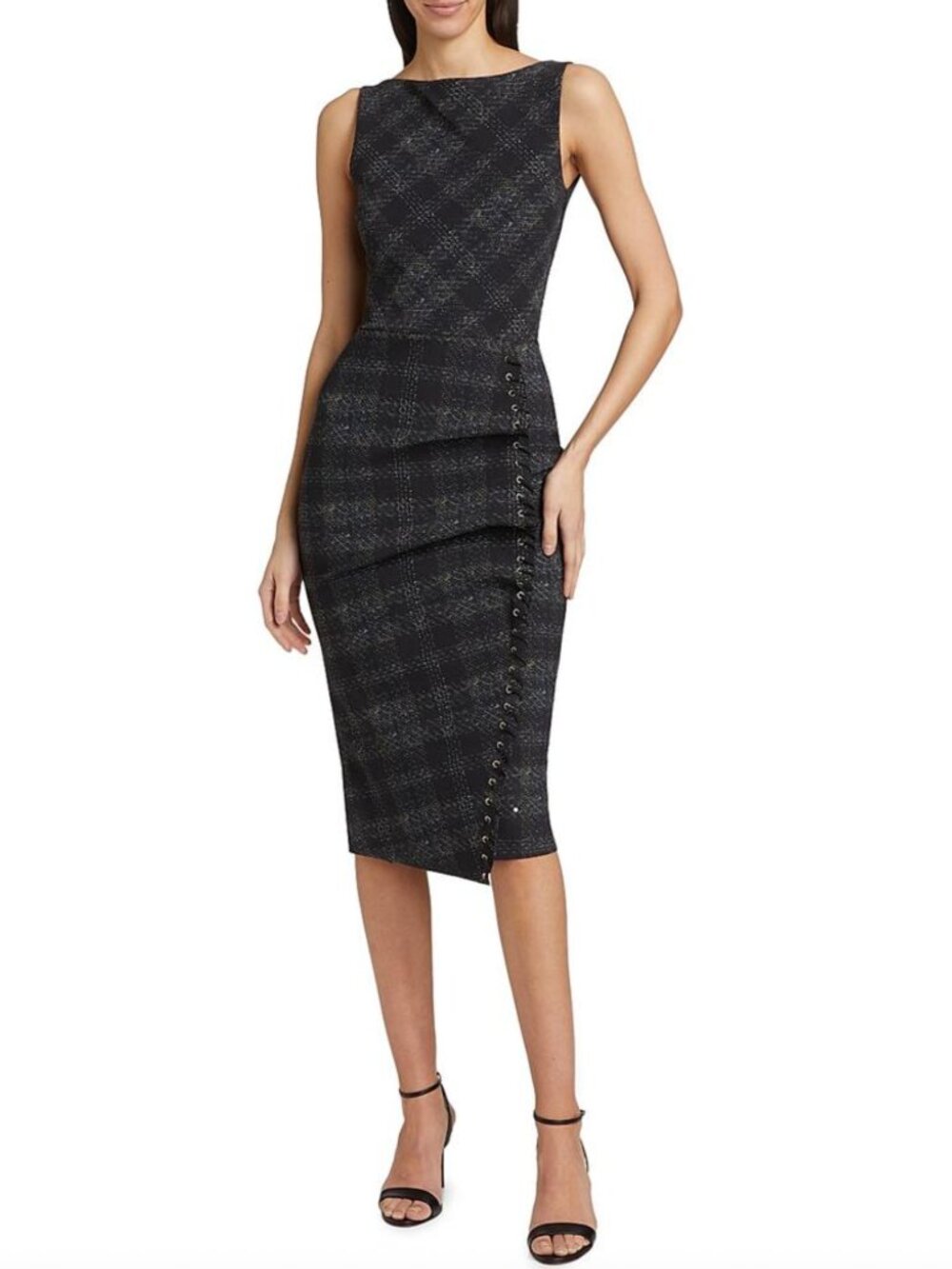 $890 Chiara Boni Adlia Plaid Print Dress Sz 8 NWT Boucle Gray Asymmetric Drape - Picture 2 of 9